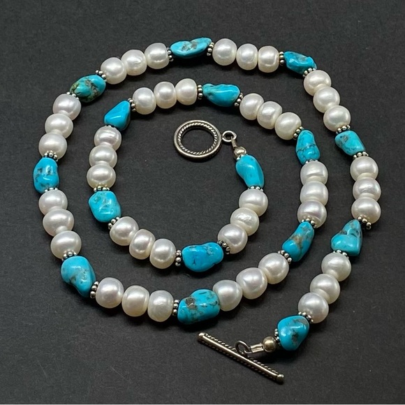 Vintage Sterling Silver Turquoise & Pearl Necklace - Picture 1 of 4